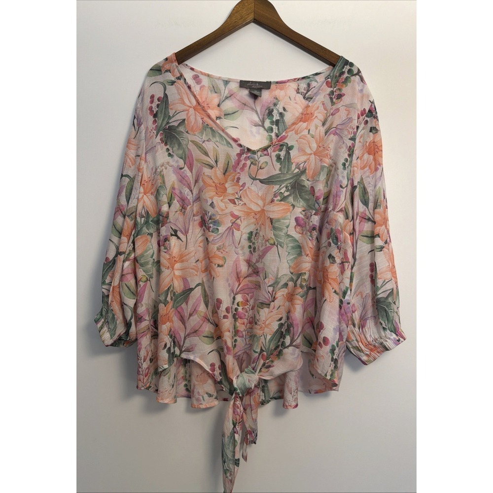 Olivia‎ & Martin Floral V-Neck Blouse Womens 3X Semi Sheer Knot Hem Boho Fairy